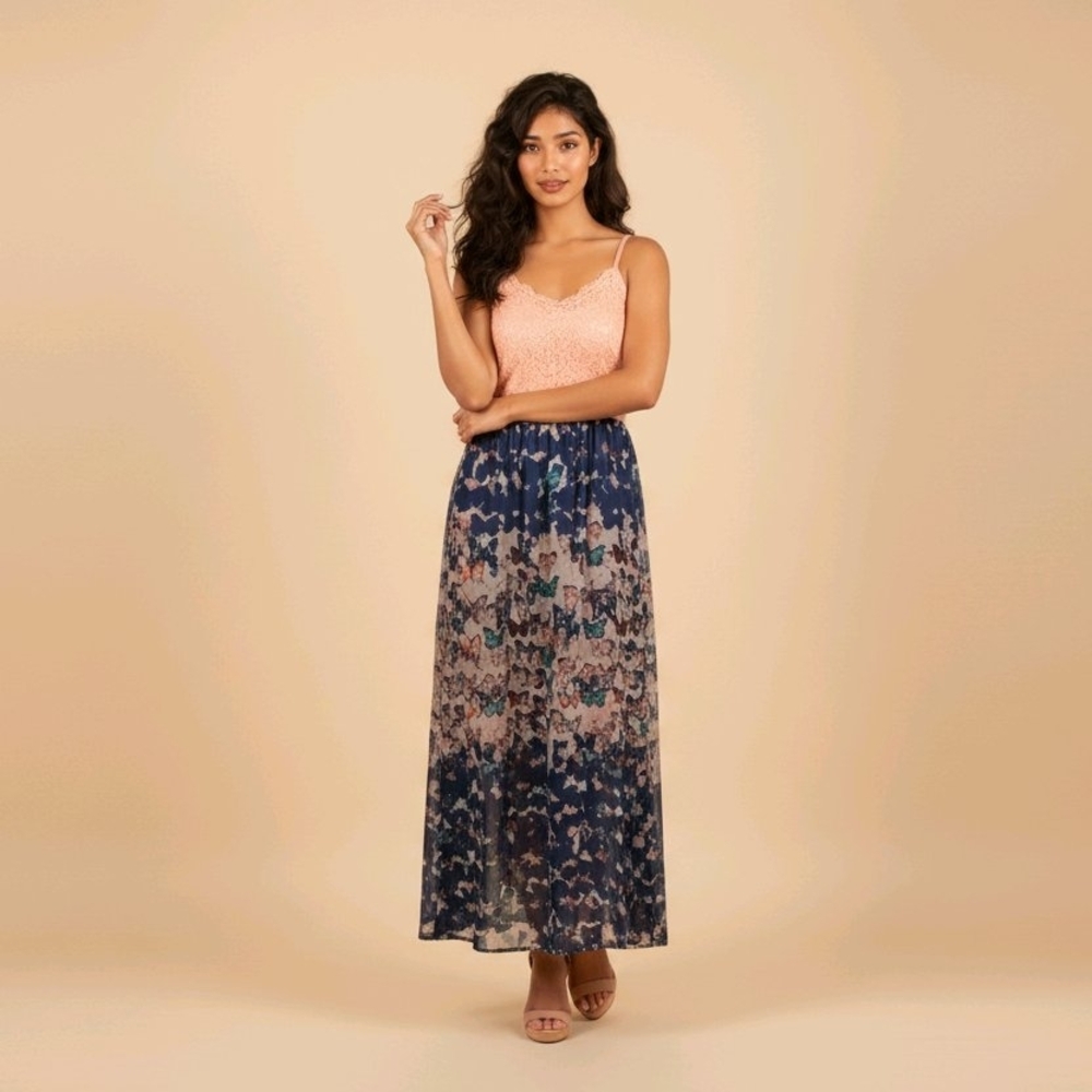 Maurices Peach Lace Top Navy Butterfly Sheer Overlay Dress - Size Small